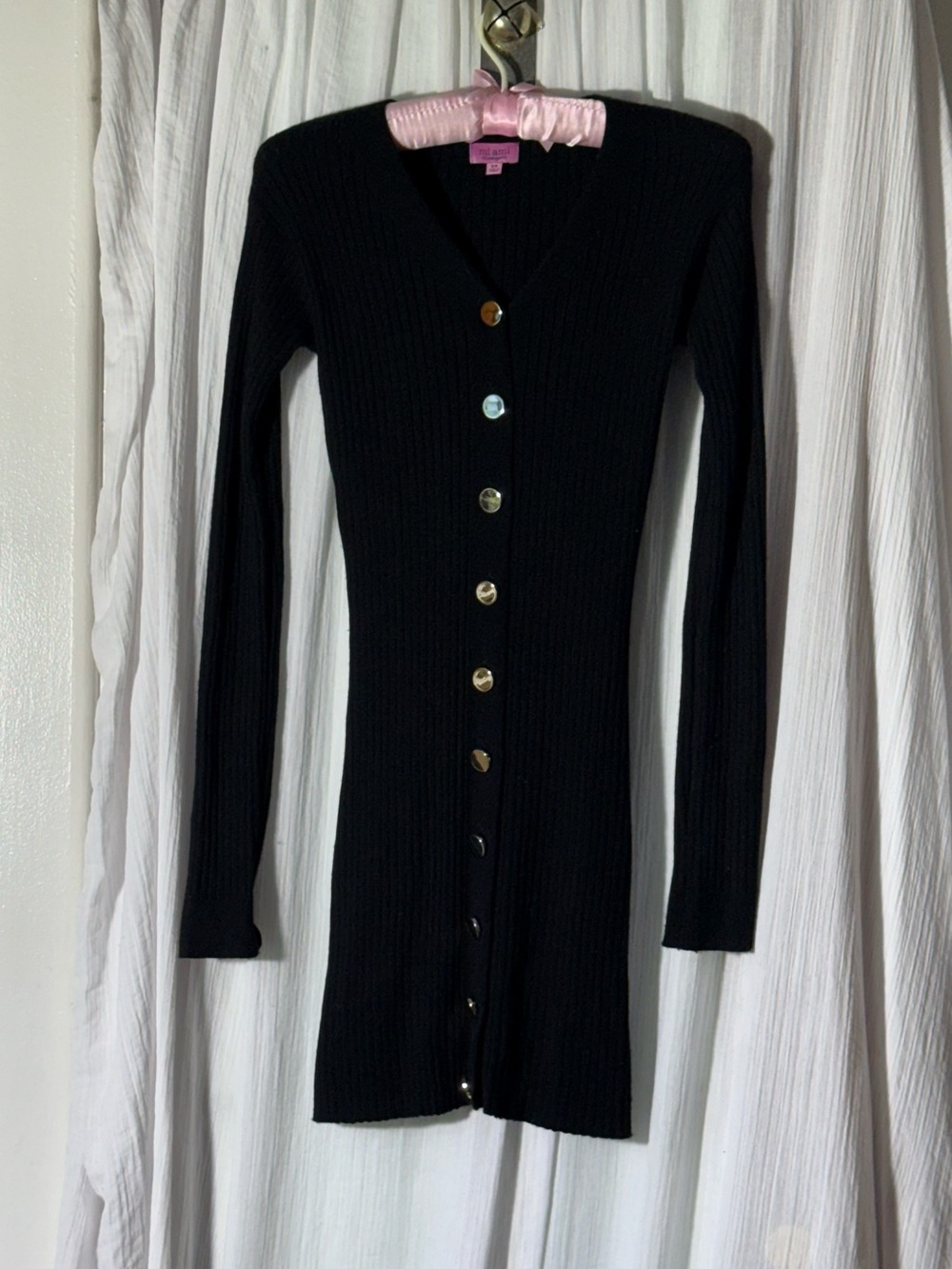 miami Black Ribbed Longline V-Neck Button Dress